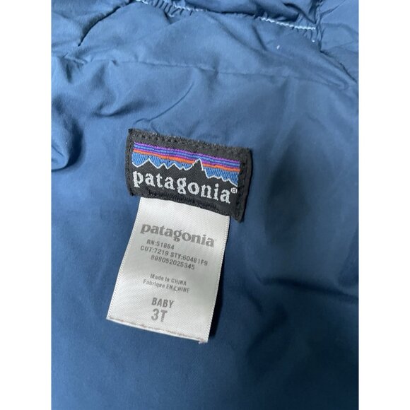 PATAGONIA BLUE DOWN FILL HOODED PUFFER PUFFY KIDS JACKET 3T QUILT ELBOW PATCH - Picture 4 of 12